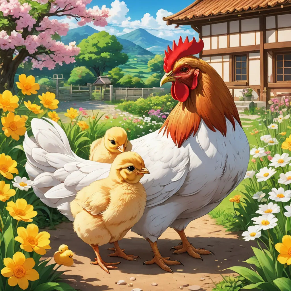 a chicken and two chicks are standing in a garden with flowers and a house in the background with a sky background, context art, a storybook illustration, Anne Said, official art