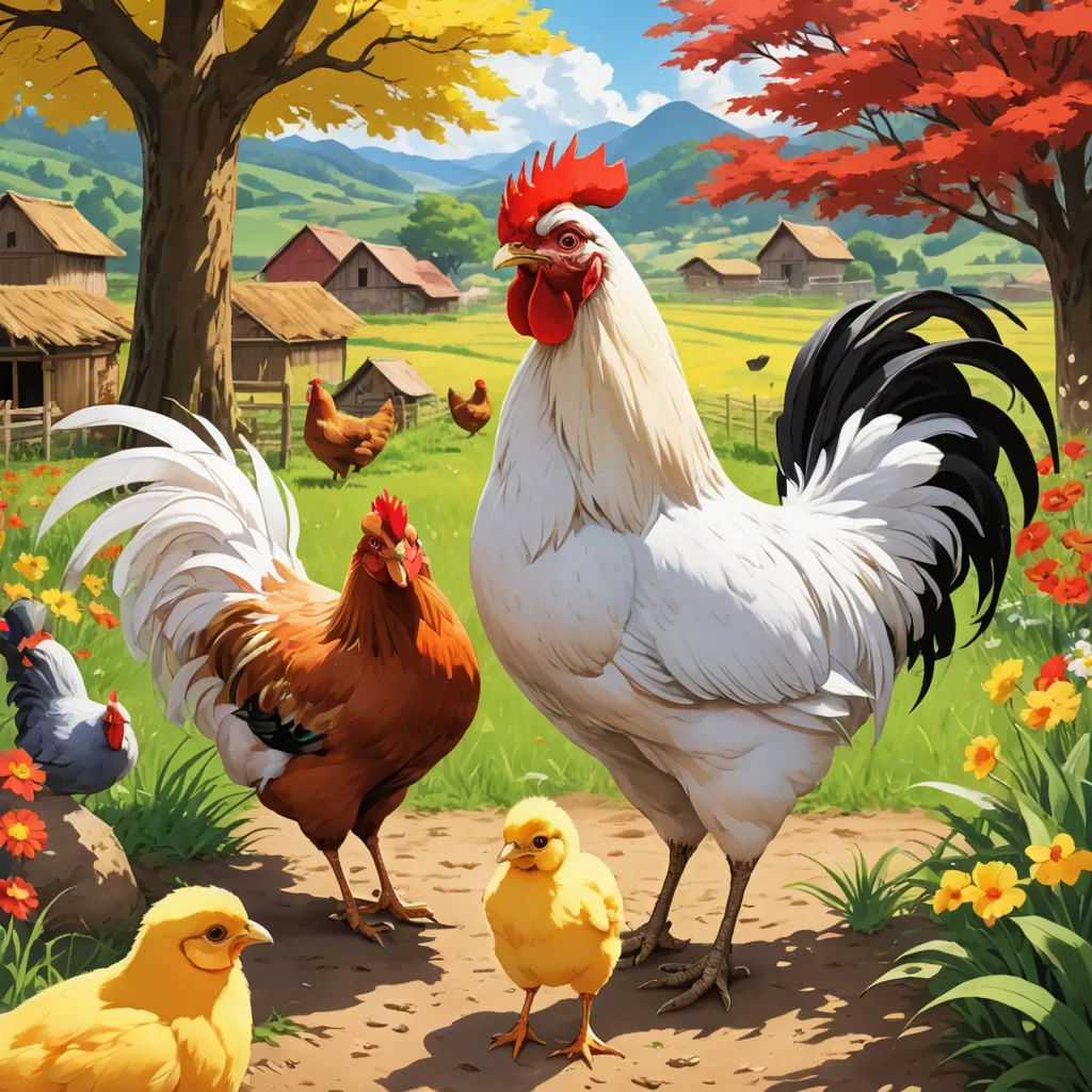 a group of chickens standing on a dirt road next to a field of flowers and trees with a barn in the background, folk art, a storybook illustration, Chris LaBrooy, highly detailed digital painting