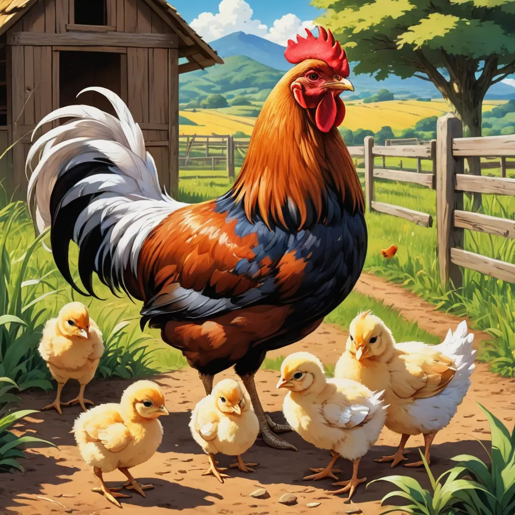 a chicken and her chicks are walking in the dirt near a fence and a barn with a wooden fence, folk art, a storybook illustration, David Young Cameron, furaffinity