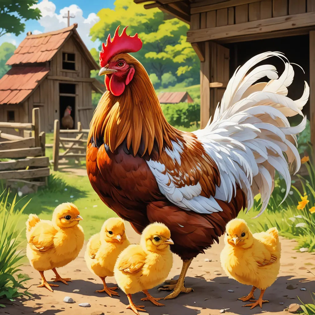 a chicken and her chicks are walking in the grass near a barn and a fenced in area with a wooden fence, american scene painting, a storybook illustration, Anne Said, highly detailed digital painting
