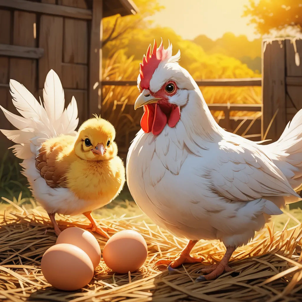 a chicken and a chickenling stand in a nest with eggs in the hay near a barn with a fence, photorealism, a storybook illustration, Cyril Rolando, highly detailed digital painting