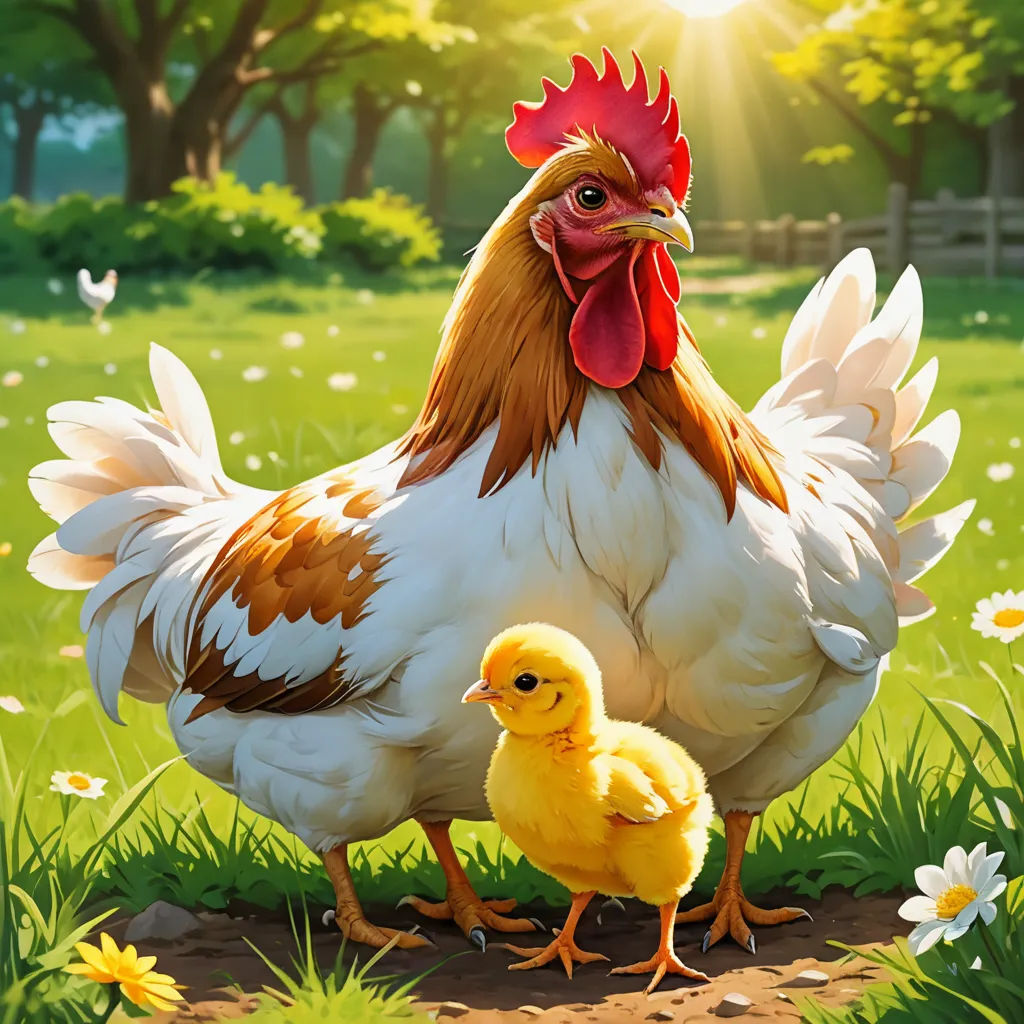 a chicken and a duck are standing in the grass near a tree and flowers in the background, with the sun shining through the trees, symbolism, a stock photo, Anne Said, ultra realistic illustration