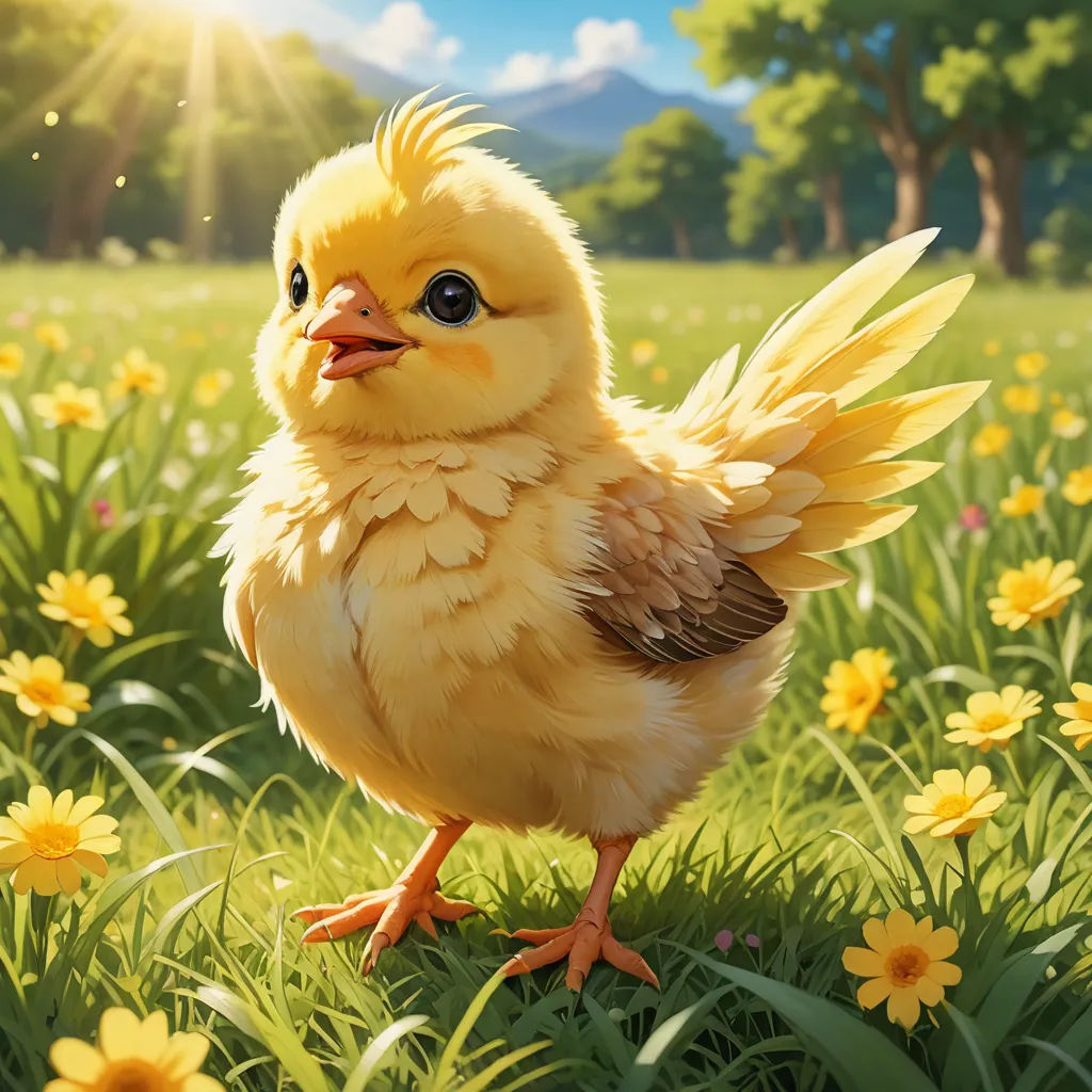 a yellow chicken standing in a field of flowers with the sun shining behind it and a tree in the background, photorealism, a digital painting, Chris LaBrooy, ultra realistic digital art