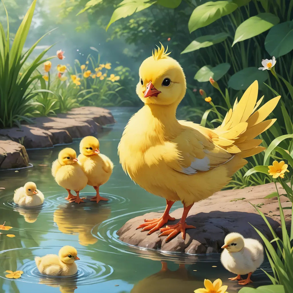 a mother duck with her chicks in a pond of water with flowers and rocks in the background, with a sun shining on the water, massurrealism, a digital painting, Chris LaBrooy, highly detailed digital painting