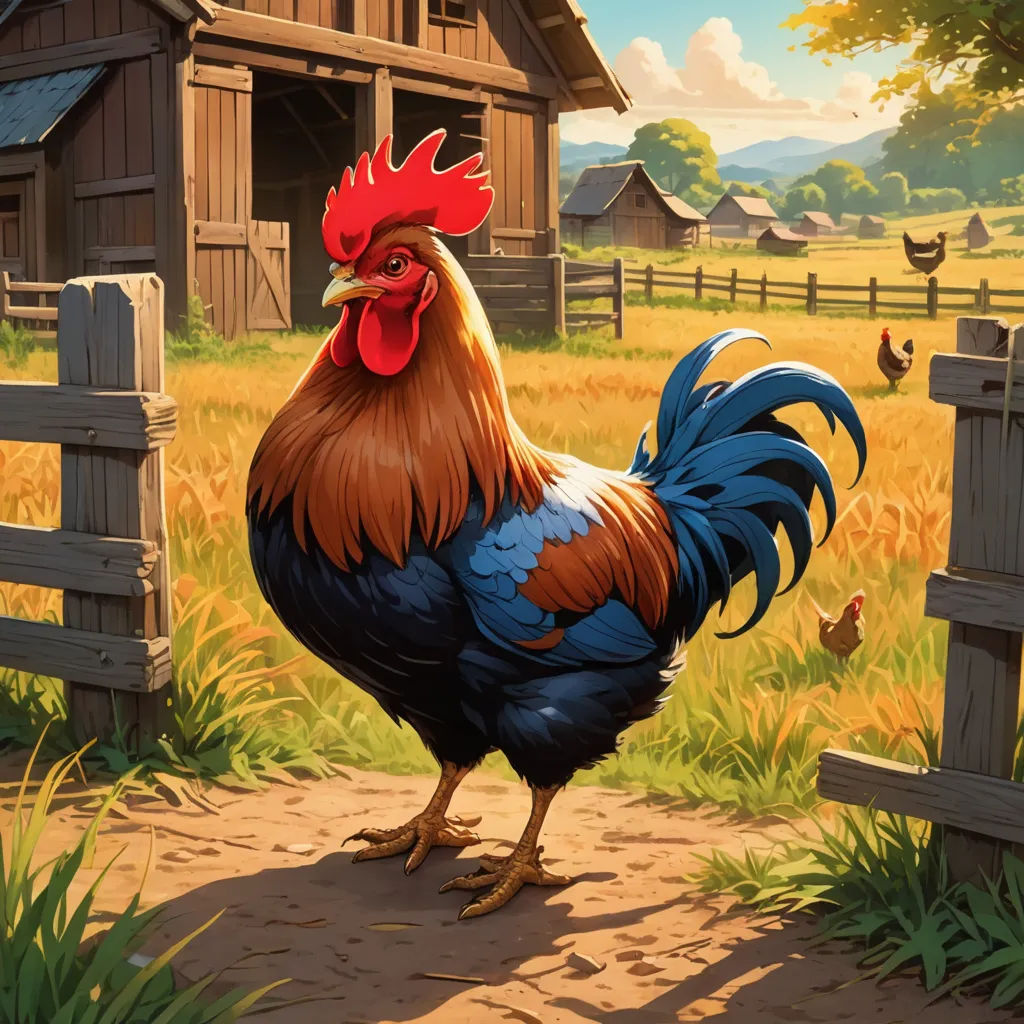 a rooster standing on a dirt road next to a fence and a barn in the background with a chicken in the foreground, american scene painting, a storybook illustration, Chris LaBrooy, game art