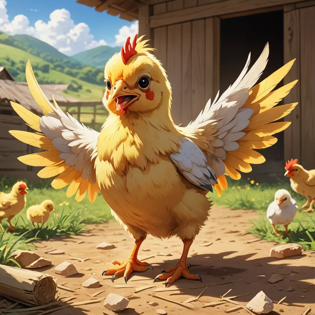 a chicken with wings standing in a yard with chickens nearby and a barn in the background with mountains in the distance, symbolism, concept art, Chris LaBrooy, hearthstone