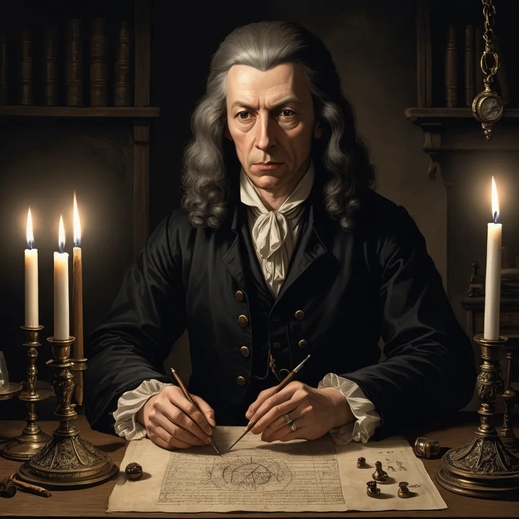 a man sitting at a table with a pen and paper in front of him and candles in the background, gothic art, a detailed painting, Caspar van Wittel, highly detailed digital painting
