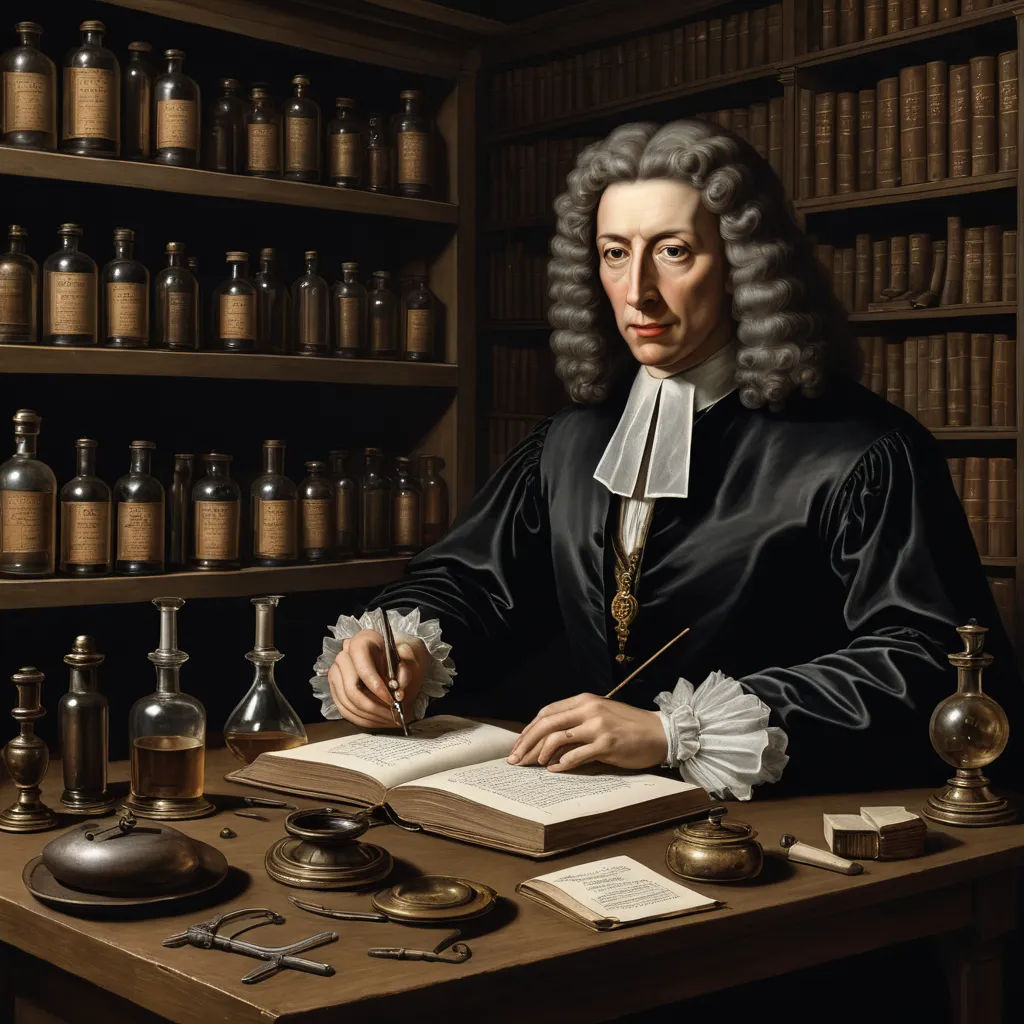 a painting of a man sitting at a desk with a book and pen in his hand and a lot of books on the shelves behind him, naturalism, a flemish Baroque, Abraham Willaerts, renaissance oil painting