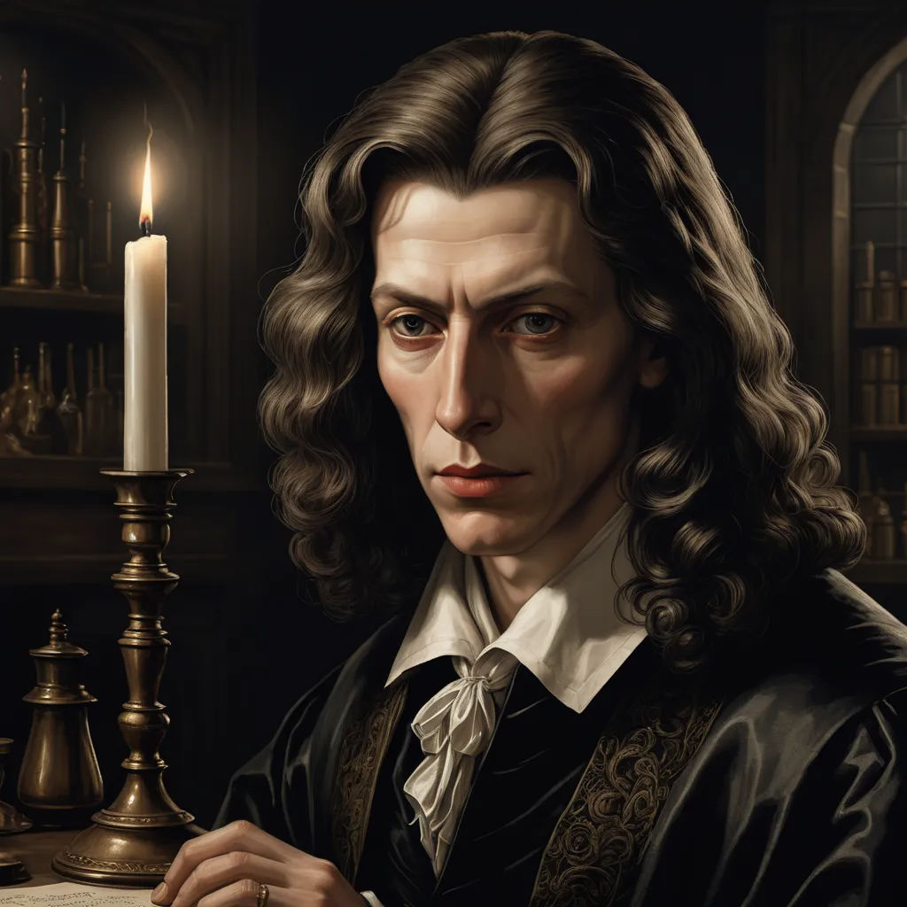 a painting of a man with long hair and a candle in his hand, in a dark room with bookshelves, gothic art, an ultrafine detailed painting, Esaias van de Velde, highly detailed digital painting
