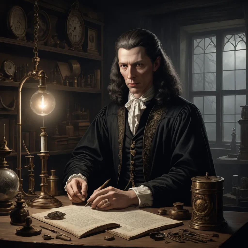 a man in a black robe writing on a book in a room with clocks and a lamp on the table, fantasy art, a detailed painting, Dino Valls, highly detailed digital painting