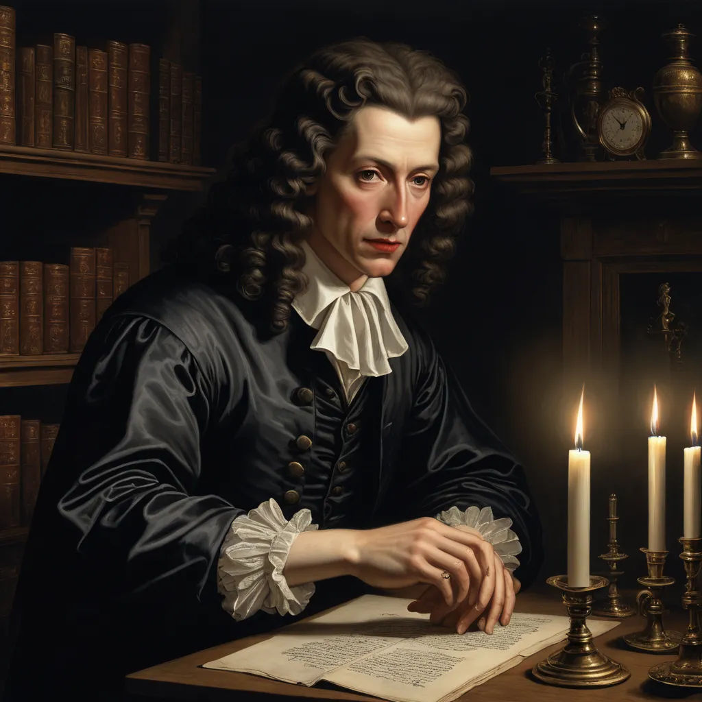 a painting of a man with long hair sitting at a table with a book and candles in front of him, mannerism, a flemish Baroque, Abraham Willaerts, rembrandt lighting
