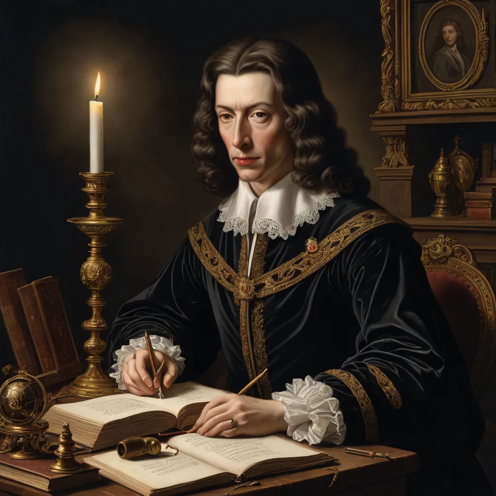 a painting of a man in a black outfit writing on a book with a candle in the background and a book on a table, mannerism, a flemish Baroque, Cornelis van Haarlem, highly detailed portrait