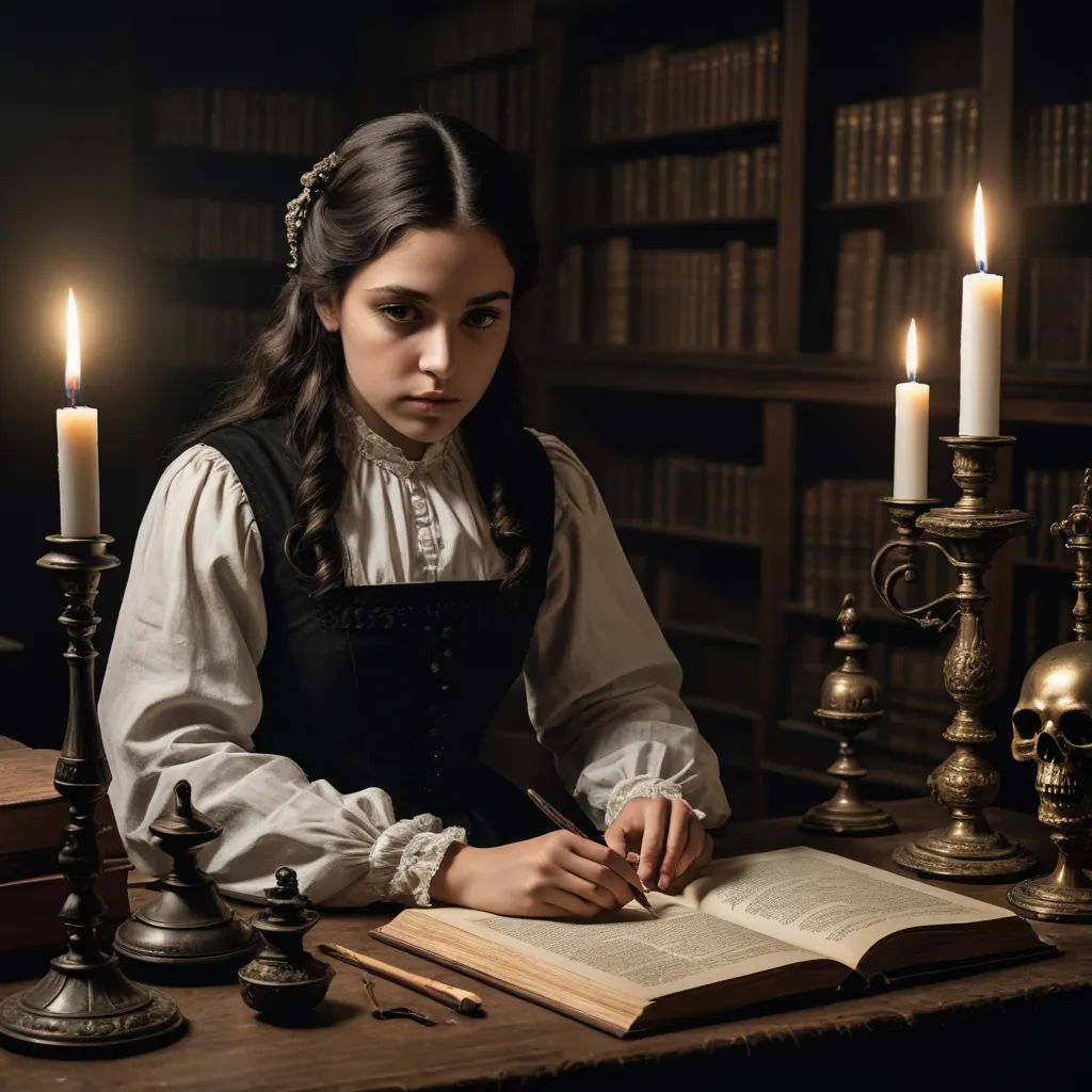 a woman in a renaissance dress sitting at a table with a book and candles in front of her and a book on the table, gothic art, a character portrait, Araceli Gilbert, promotional image