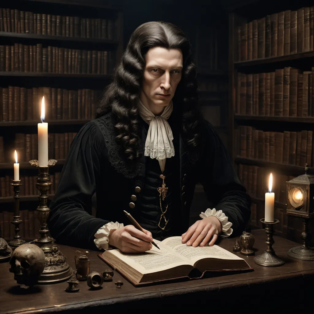 a man in a library with a book and a pen in his hand and a candle in his hand, baroque, a flemish Baroque, Dirk Crabeth, renaissance oil painting