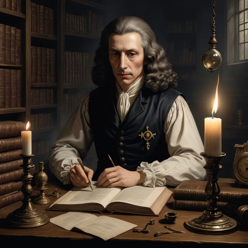 a man sitting at a desk with a book and pen in his hand and a candle in front of him, naturalism, a photorealistic painting, Caspar van Wittel, highly detailed digital painting