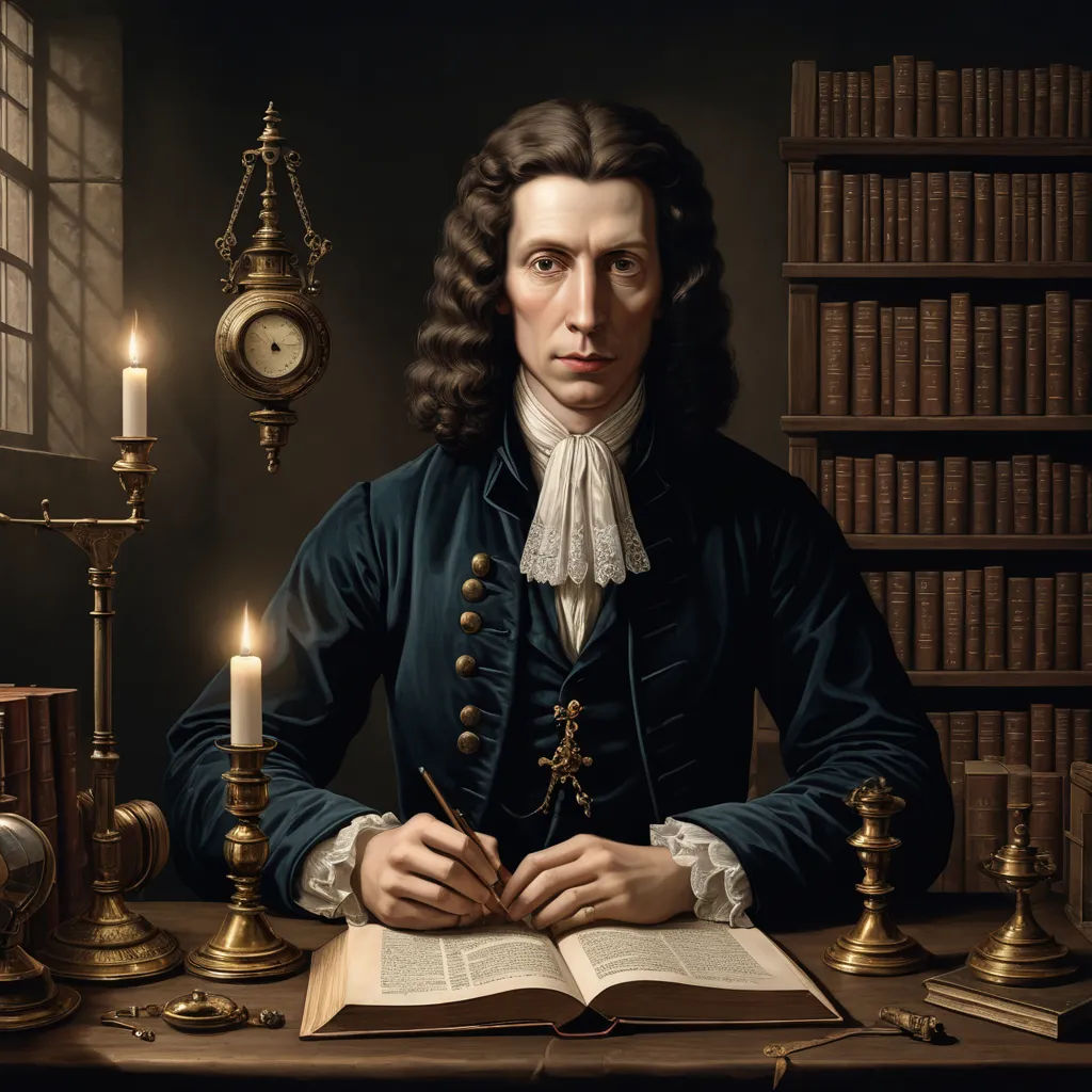 a painting of a man sitting at a desk with a book and a candle in front of him and a clock in the background, naturalism, an ultrafine detailed painting, Caspar van Wittel, highly detailed digital painting