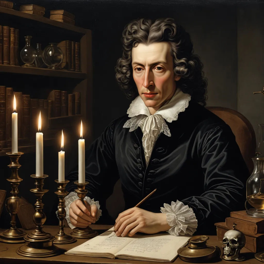 a painting of a man sitting at a desk with a book and pen in his hand and a lot of candles in front of him, naturalism, a flemish Baroque, Cornelis van Poelenburgh, rembrandt lighting
