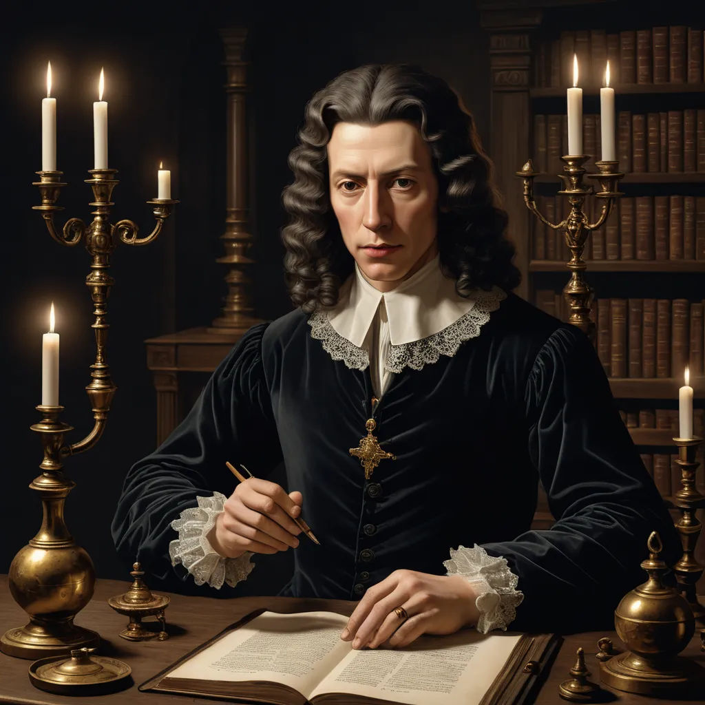 a painting of a man sitting at a table with a book and a pen in his hand and a lit candle in the background, academic art, an ultrafine detailed painting, Abraham Bosschaert, highly detailed digital painting
