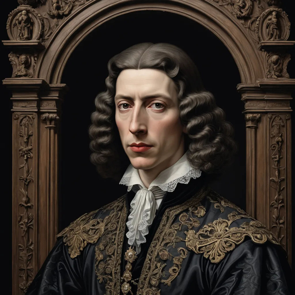 a painting of a man with a black coat and white shirt and a black and gold dress coat and a brown arch, mannerism, an ultrafine detailed painting, Alessandro Allori, renaissance oil painting