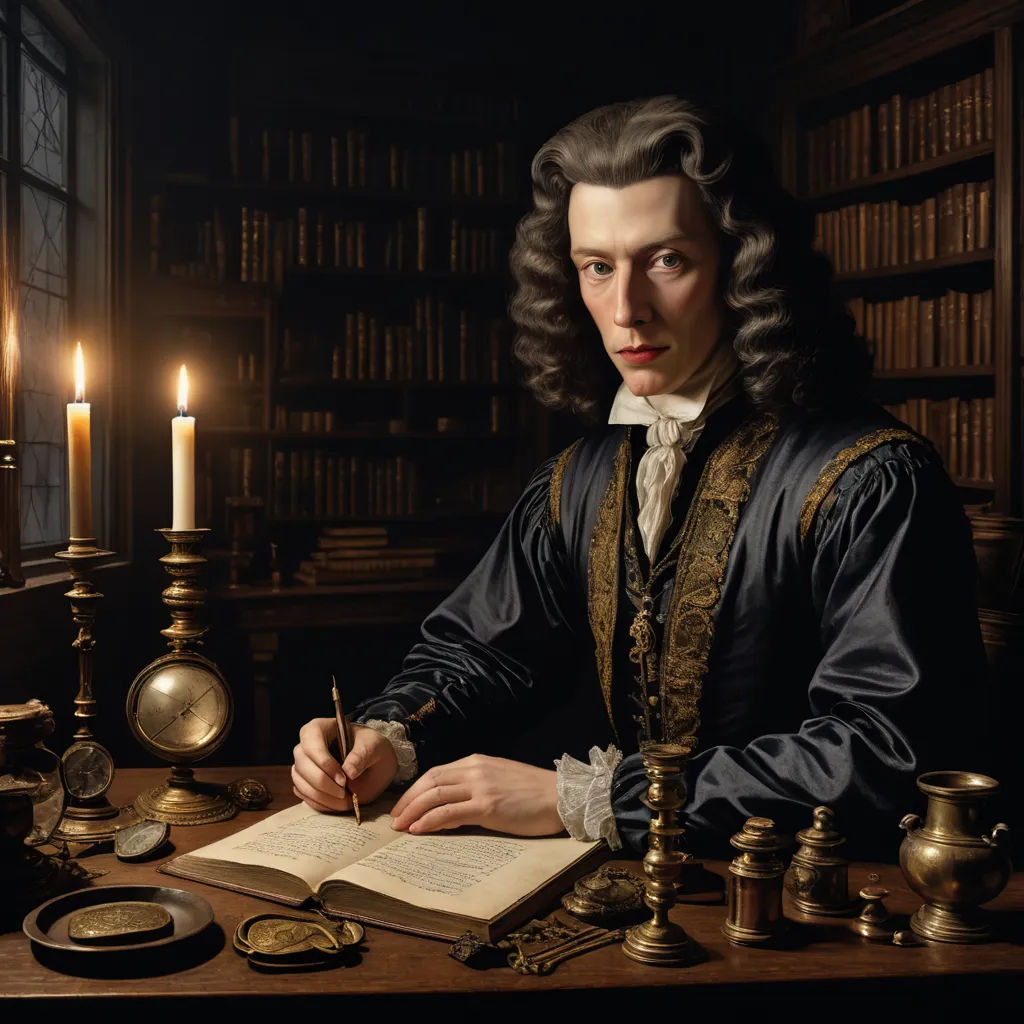 a man in a library writing on a book with a candle in the background and a book on a desk, academic art, a photorealistic painting, Abraham Bosschaert, highly detailed digital painting