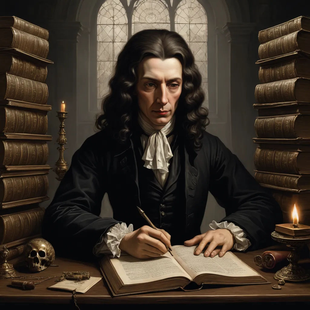 a painting of a man sitting at a desk with a book and a pen in his hand and a skull on the table, naturalism, an ultrafine detailed painting, Dino Valls, highly detailed digital painting