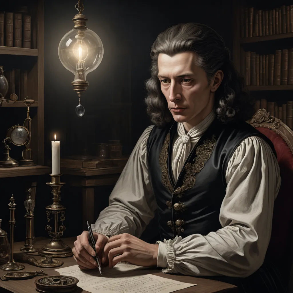 a painting of a man sitting at a desk with a pen and paper in his hand and a lamp in the background, naturalism, an ultrafine detailed painting, Andrey Yefimovich Martynov, highly detailed digital painting