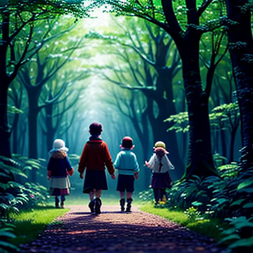 a group of children walking down a forest path with a light at the end of the tunnel of trees