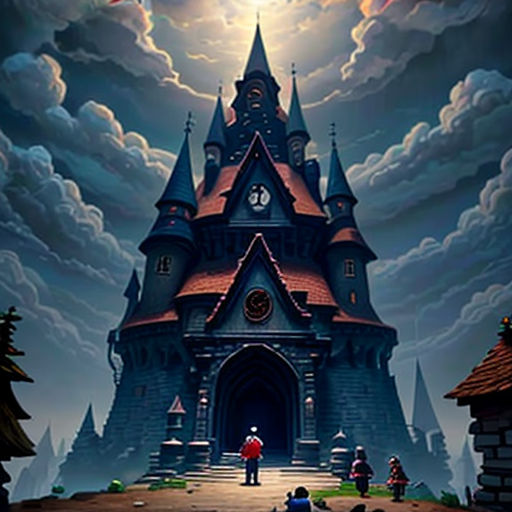 a castle with a clock tower and a sky background with clouds and a person standing in front of it
