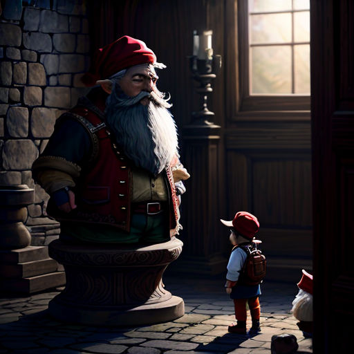 a cartoon of a gnome and a little boy standing in a doorway with a light shining through the window