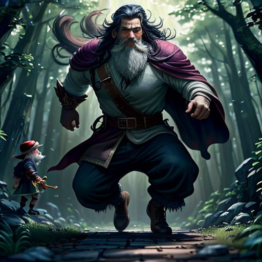 a man with a beard and a beard in a forest with a gnome and a gnome on the ground