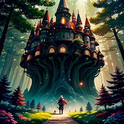 a person walking down a path in a forest with a castle on top of it and a person standing on the path