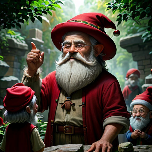 a painting of a gnome with a red hat and beard and a red coat and a red hat and a red beard