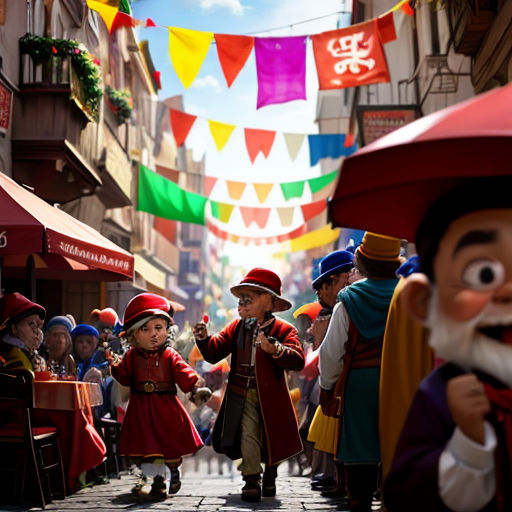 a group of children walking down a street next to a crowd of people wearing costumes and hats and holding umbrellas