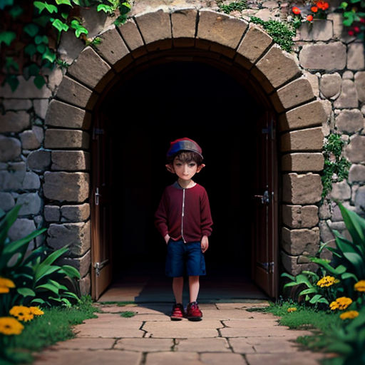 a young boy standing in a tunnel with flowers growing on the side of it and a brick wall with a doorway