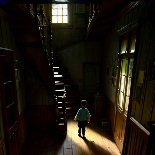 a little boy walking down a wooden floor in a room with stairs and windows on the wall and a light shining on the floor