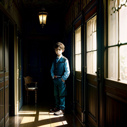 a young boy standing in a hallway with a light shining on him and a chair in the background,
