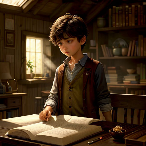a boy is sitting at a table with a book and pen in his hand and a book in his lap
