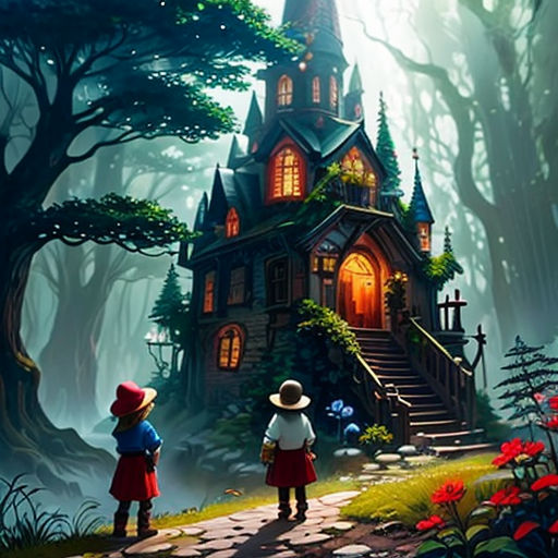 a painting of two children in front of a house in the woods with a light on it's door