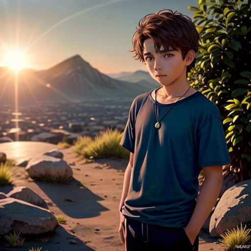a boy standing in the desert with the sun setting behind him and mountains in the background, with a person standing on a rock
