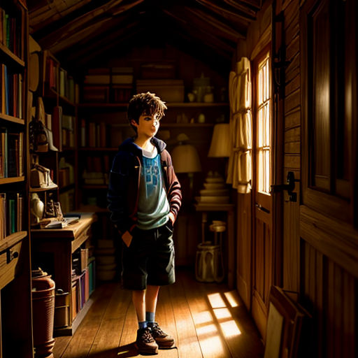 a young boy standing in a room with a book shelf and a lamp on the wall behind him and a book case behind him