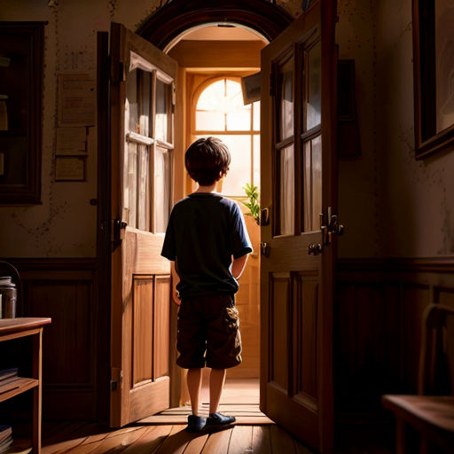a young boy standing in a doorway looking out at a plant in the window of a house with a door open
