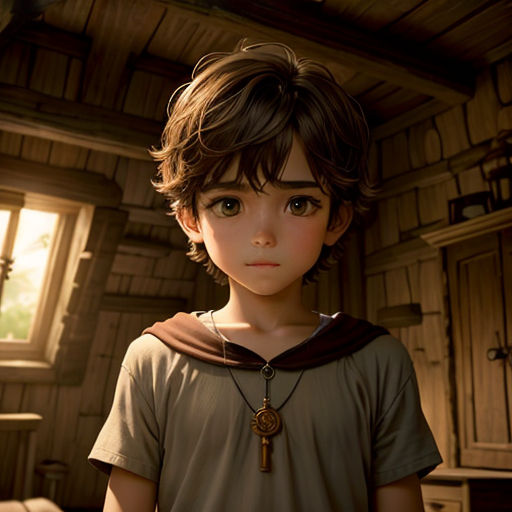a young boy with a cross necklace standing in a room with a window and a book shelf on the wall