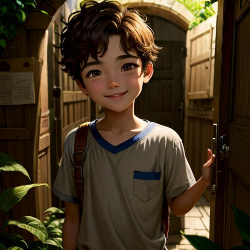 a boy with a backpack standing in a doorway with a green plant in the background and a wooden fence