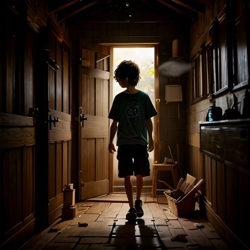 a boy standing in a doorway of a house with a light on and a fan in the air above his head