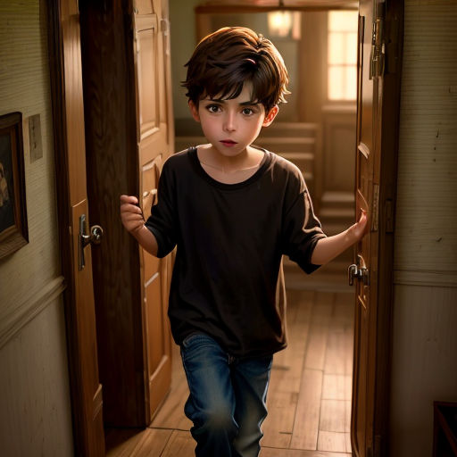 a young boy is walking through a hallway with a door open to a hallway with a picture of a boy on the wall