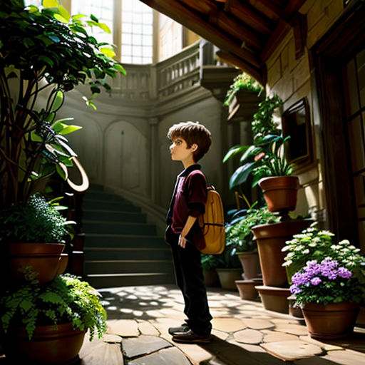 a boy standing in a hallway with a backpack on his back and a lot of plants in the background