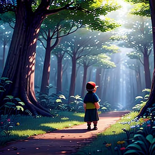 a painting of a person walking down a path in a forest with trees and flowers on both sides of the path