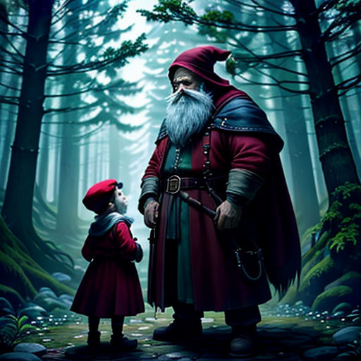 a painting of a man and a child in the woods with a red cloak on their head and a red cloak on their head