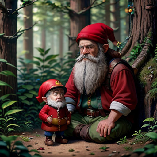 a gnome and a gnome in the woods with a little boy in front of them, both wearing red