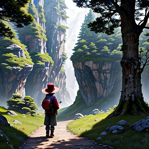 a person with a backpack standing on a path in a forest with a mountain in the background and a tree in the foreground